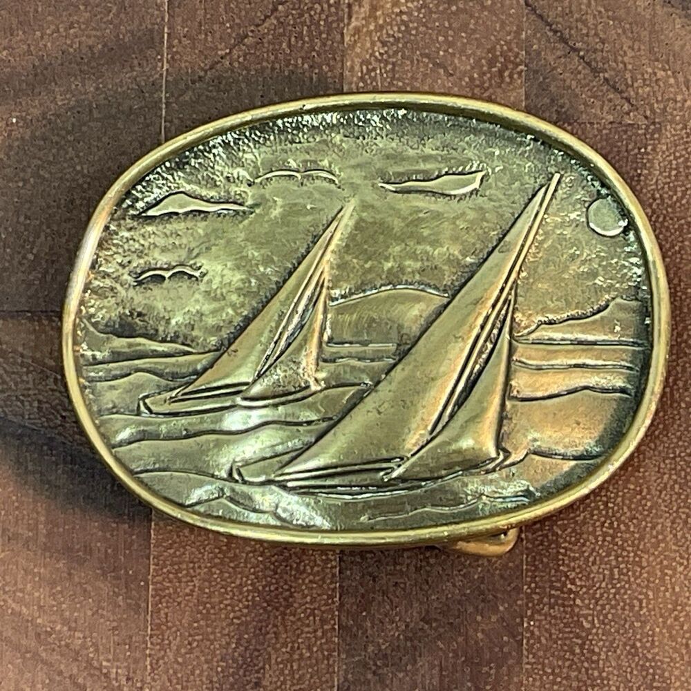 Vintage 1970s Belt Buckle SAILBOATs Ocean Seagull Solid BRASS Signed MCM Hippie